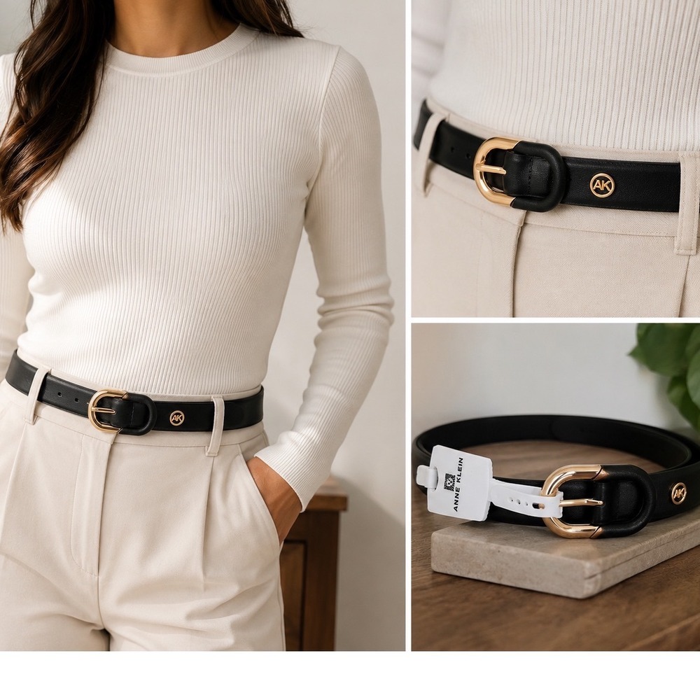 Anne Klein Black Faux Leather Belt Large Gold Oval Buckle 42" NWT Designer Belt
